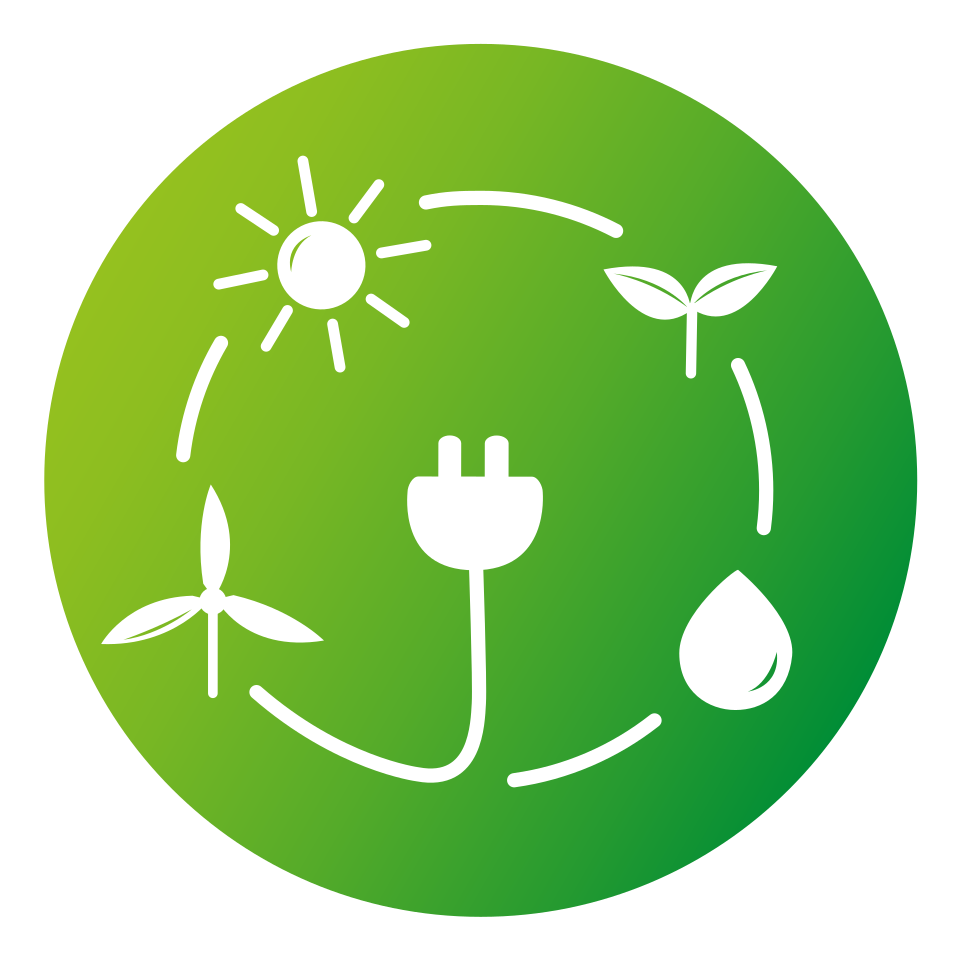 Renewable energy icon: solar, wind, water