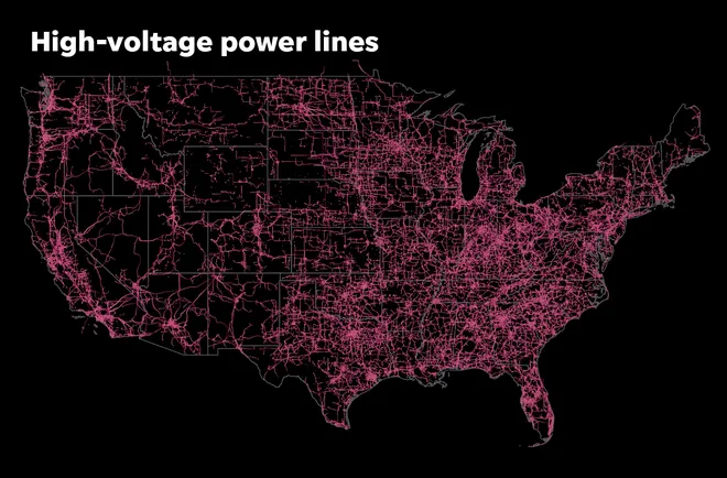 High-voltage power lines across the United States
