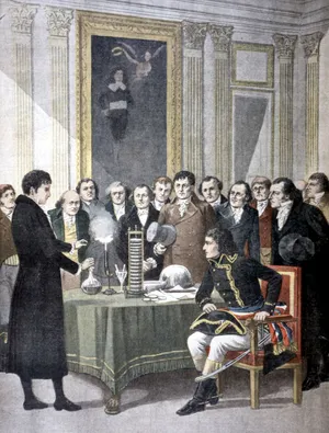 Volta demonstrating his battery